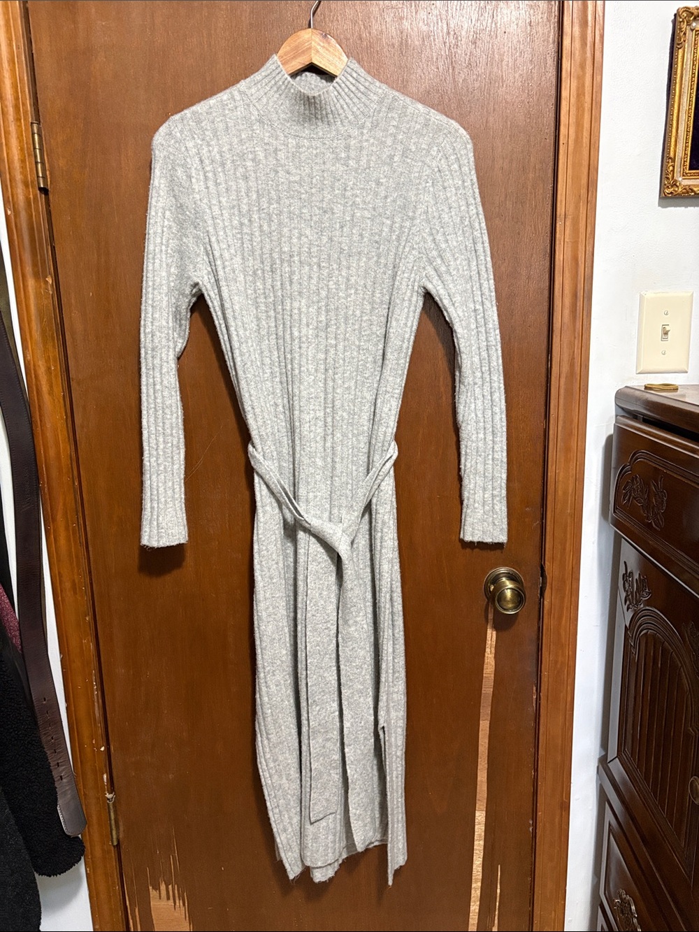 LOFT Light Gray Ribbed Turtleneck Sweater Dress with Self Tie - Picture 1 of 4